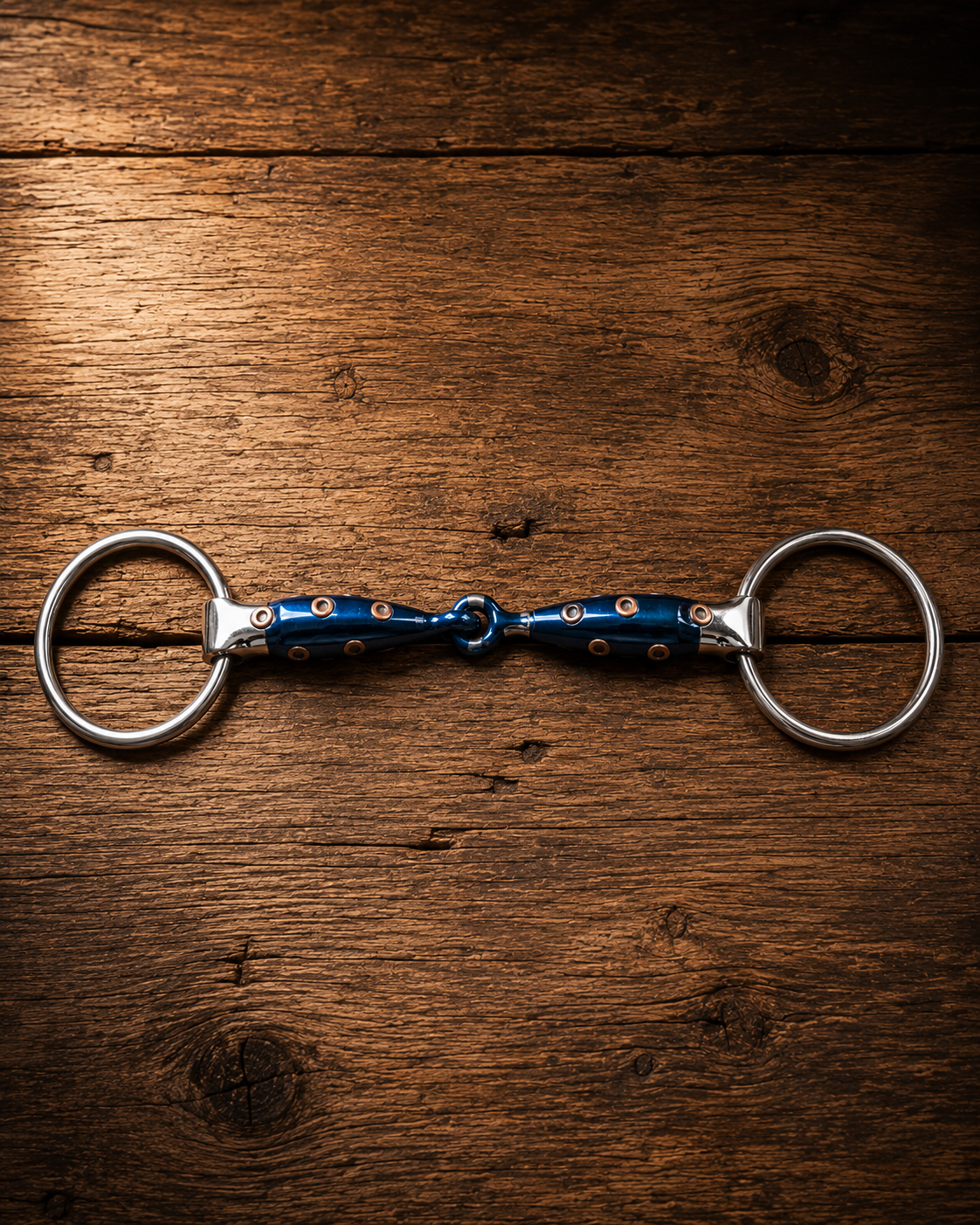 Blue Sweet Iron Loose Ring Snaffle Bit with Punched Copper Rivets  – Premium Single Joint Horse Bit