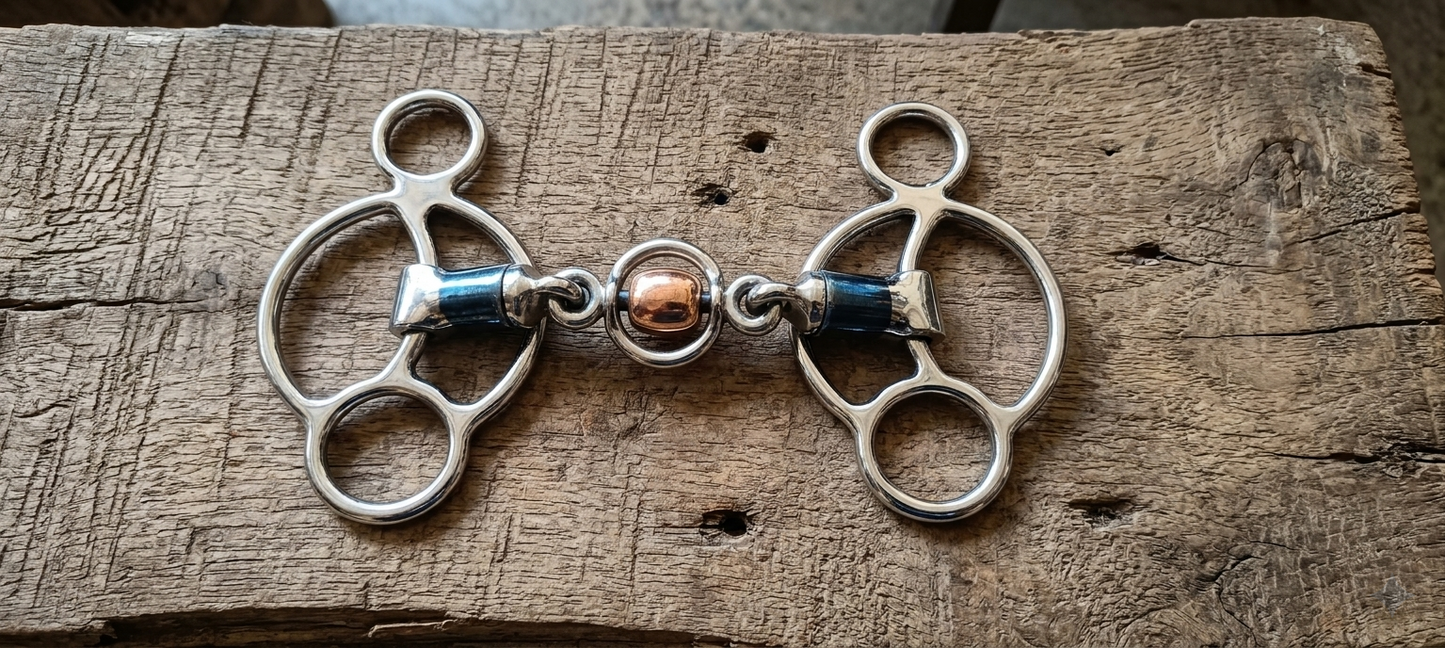 Hartford Modified 3-Ring Horse Bit with Copper Roller & Spinner – Blue Sweet Iron Bit