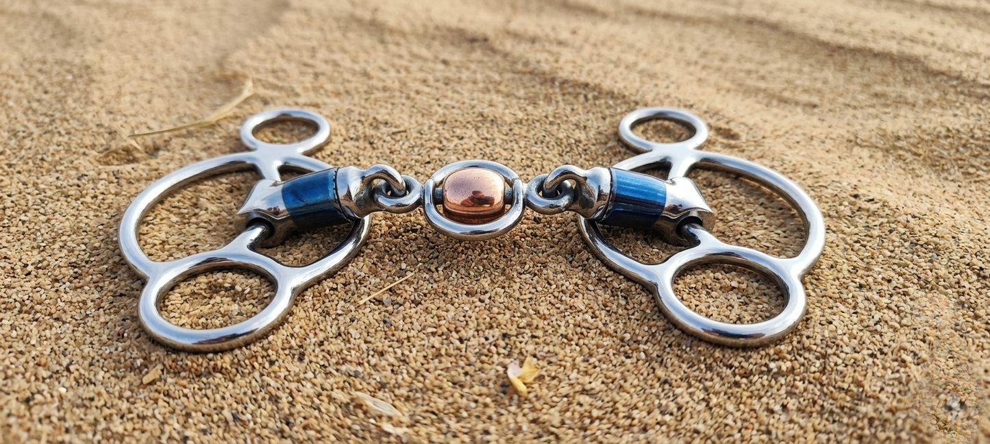 Hartford Modified 3-Ring Horse Bit with Copper Roller & Spinner – Blue Sweet Iron Bit