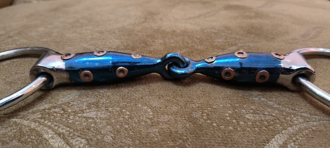Blue Sweet Iron Loose Ring Snaffle Bit with Punched Copper Rivets  – Premium Single Joint Horse Bit