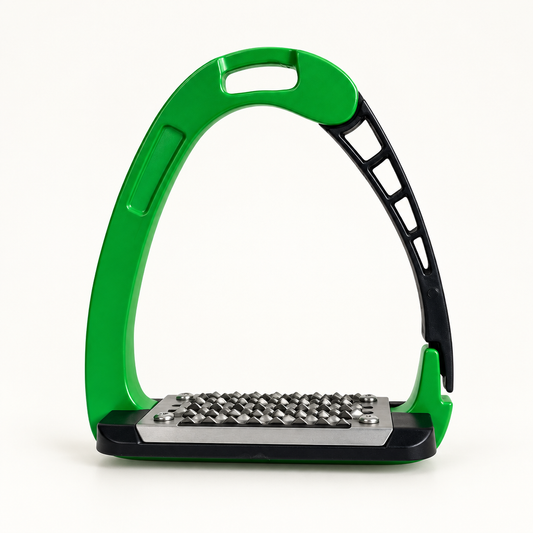 Green Acavallo Arena Alupro stirrup with a black cutout outer arm and silver studded tread