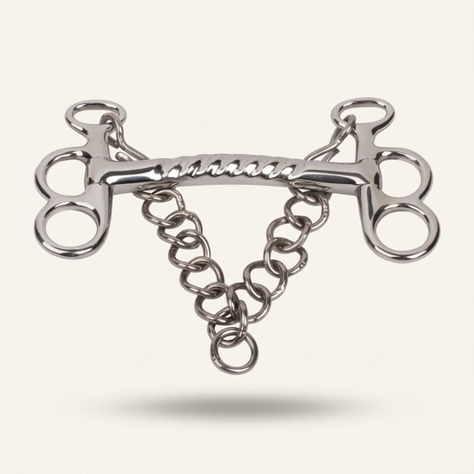 BI-0013 silver butterfly bit with grooved unjointed mouthpiece and curb chain, studio full view