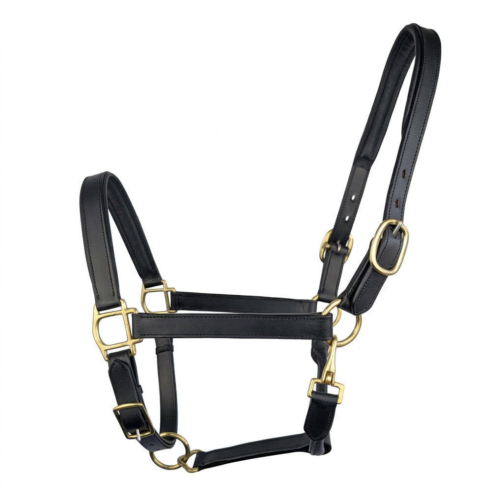 Premium black padded leather horse halter full view with gold-coloured fittings