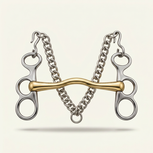 BI-0016 butterfly bit with continuous curved gold-tone mouthpiece and curb chain, upright studio main image