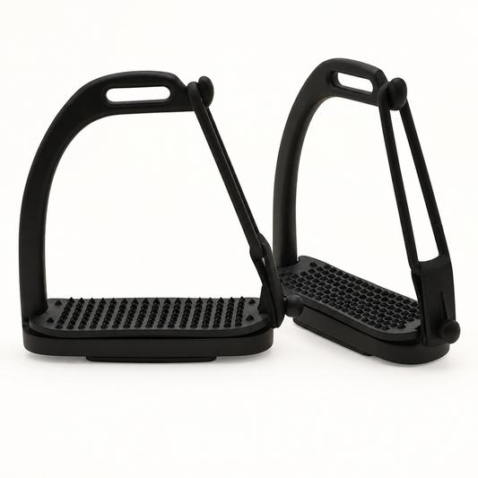 Pair of black BI-028 safety stirrups with open outer side bars and textured grip treads