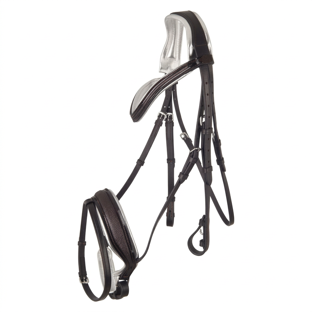 Brown padded horse bridle with contrasting pale padding and silver-coloured buckles on a white background