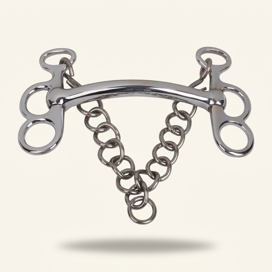 BI-0015 silver butterfly bit with smoothly bowed unjointed mouthpiece and curb chain, enhanced studio full view