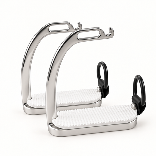 Pair of silver BI-027 stirrups with open upper hooks, white ribbed treads and black oval lower attachments