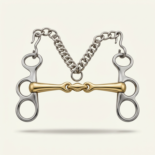BI-0017 butterfly bit with gold-tone double-jointed mouthpiece and curb chain, enhanced studio full view
