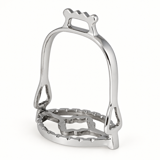 Silver BI-038 Portuguese stirrup with a crown-shaped top, bell-shaped arch and scalloped circular open tread