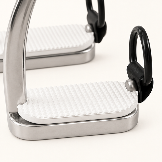 Close-up of BI-027 stirrup's white ribbed tread, silver lower frame and black oval ring attachment