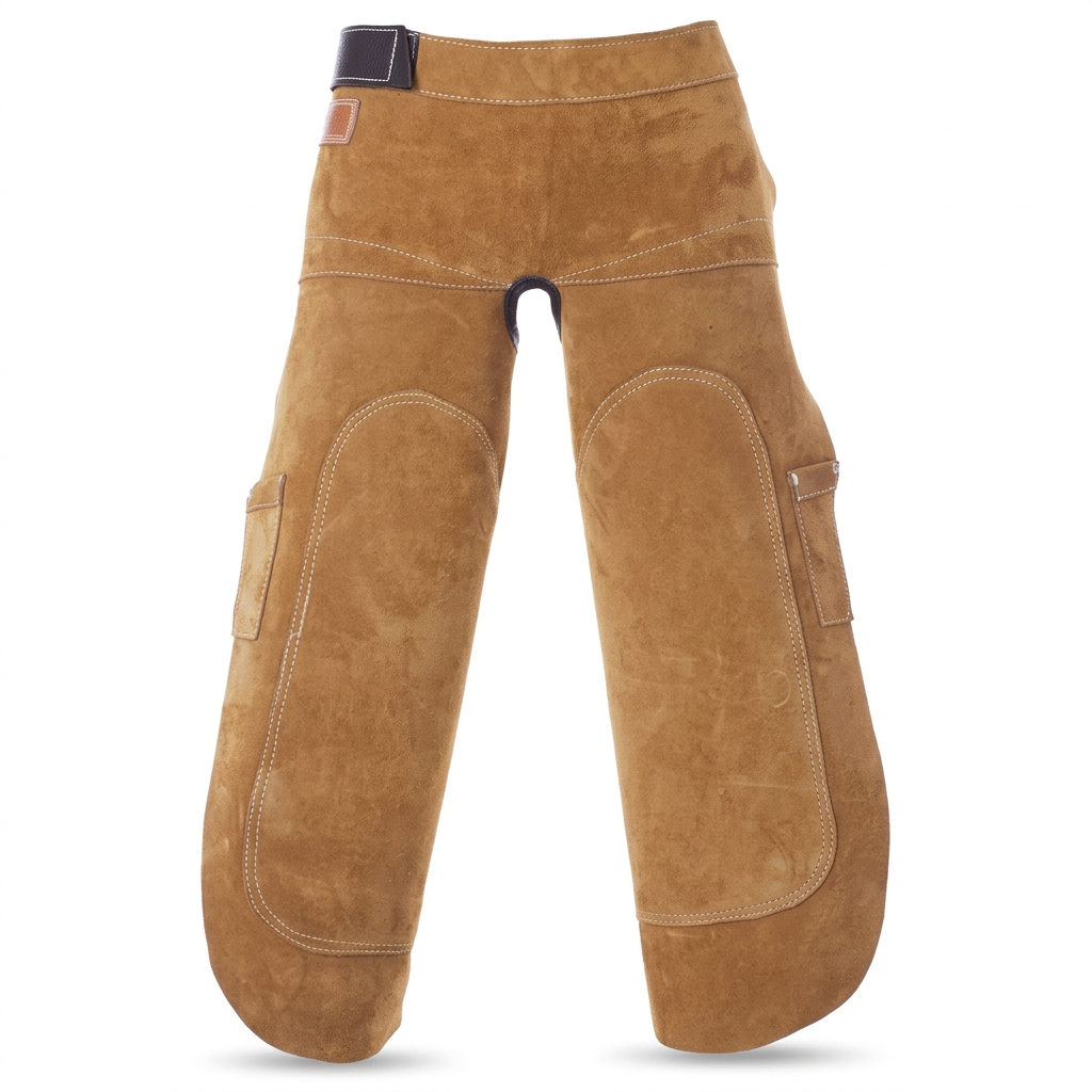 FT-011 tan farrier apron chaps showing long stitched leg panels, split-leg shape and dark waist buckle