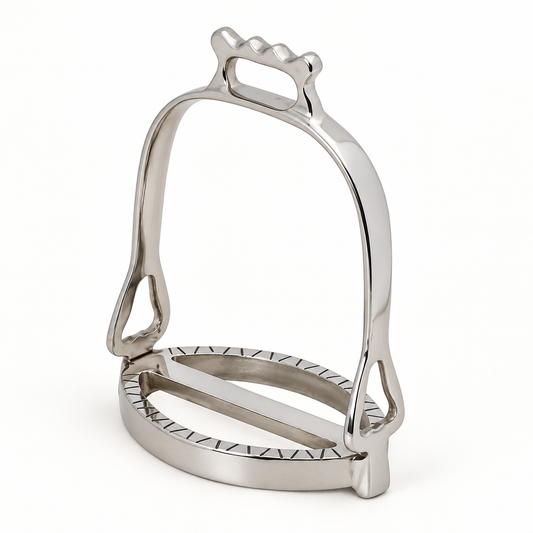 Silver BI-040 Portuguese stirrup with a crown-shaped top, bell-shaped arch and engraved open oval tread