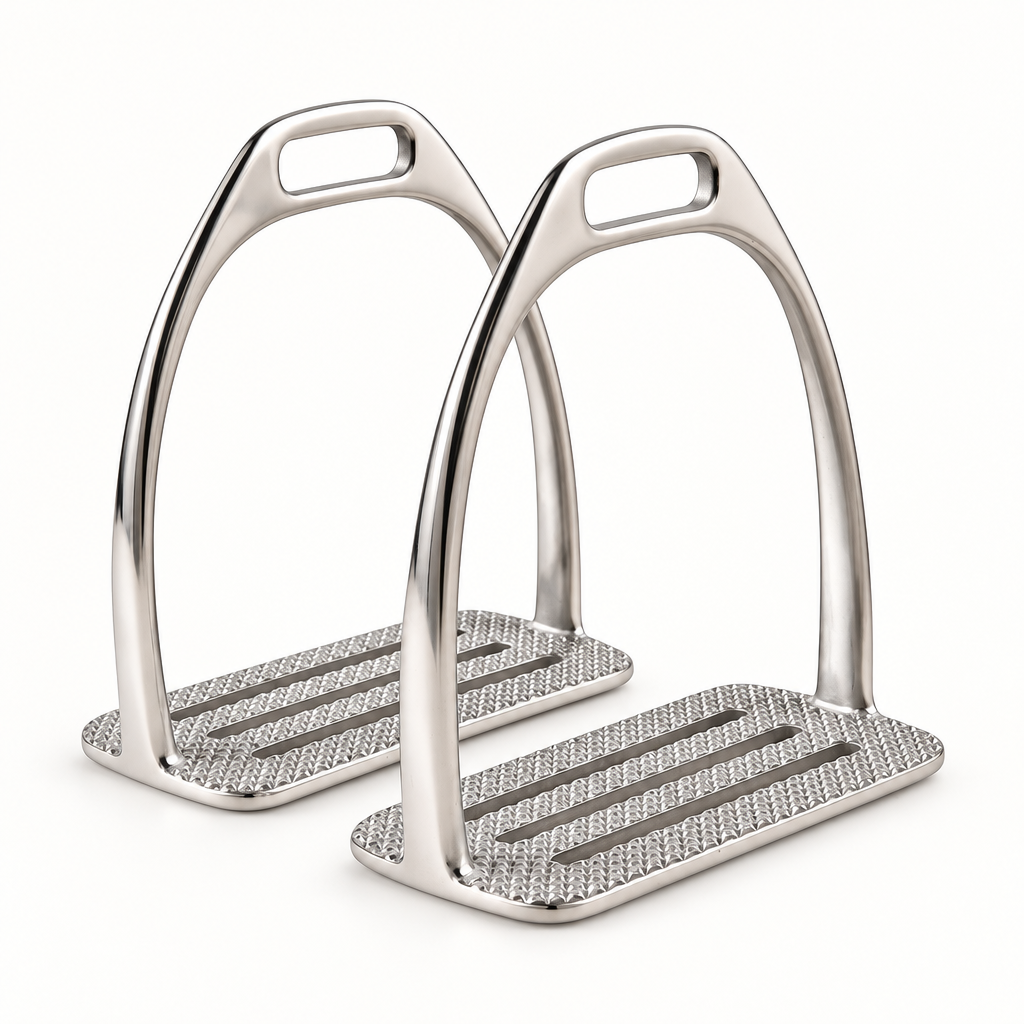Silver-finish BI-062 English stirrup pair with textured slotted footbeds