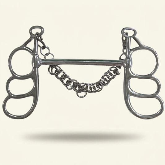 BI-0018 four-ring butterfly bit with smooth bar mouthpiece and curb chain, enhanced full view