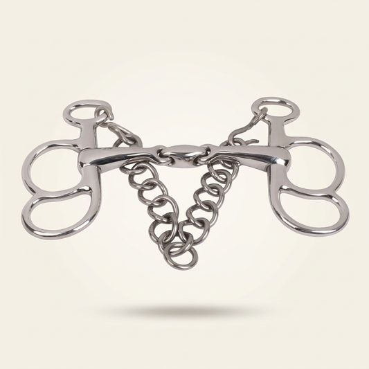 BI-0014 silver butterfly bit with flattened oval centre link and curb chain, studio full view