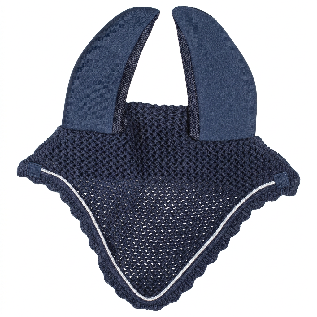 Navy medium horse ear net with shaped ear covers, openwork front, white cord trim and scalloped edging