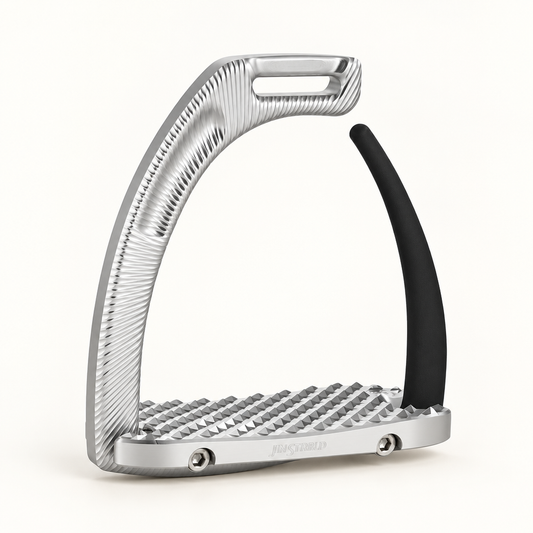 Safety Air Stirrup with a textured silver inner frame, black curved outer arm and wide studded silver tread